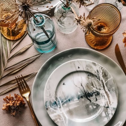 Clouds un Forest dream šķīvji + Amber glāzes