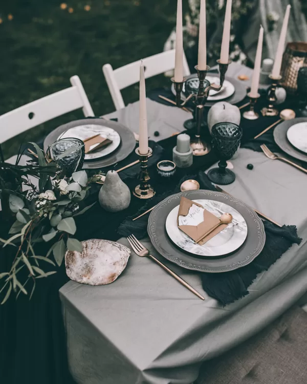 Calm šķīvji + Forest dream šķīvji + Royal glāzes + galda piederumi + tumši zilas salvetes 